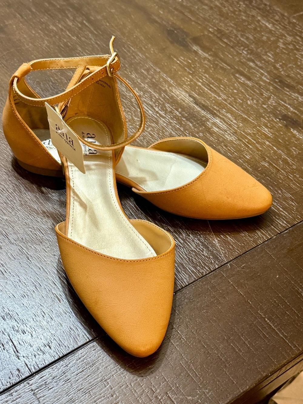 NWT a.n.a "Darell" Ankle Strap D'Orsay Pointed-Toe Flats – Tan/Caramel